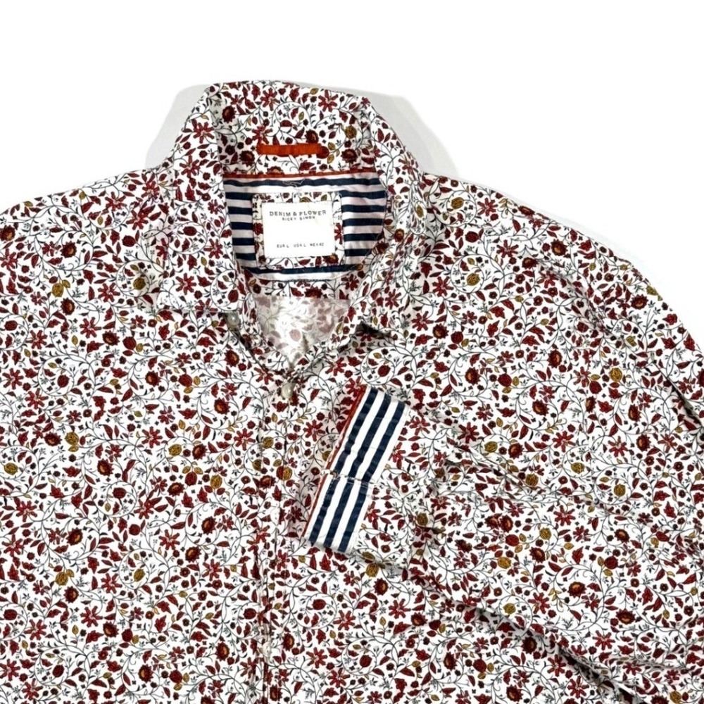 Denim & Flower Button Down Shirt‎ Mens L White Floral Stripe Flip Cuff Slim Fit